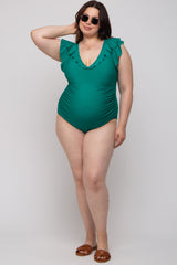 Teal Ruffle V-Neck Maternity Plus One-Piece Swimsuit