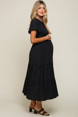 Black Printed Short Sleeve Tiered Maternity Maxi Dress