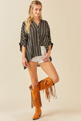 Black Printed Button Up Top