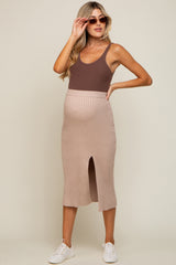 Taupe Ribbed Knit Front Slit Maternity Midi Skirt