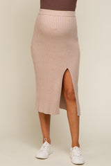 Taupe Ribbed Knit Front Slit Maternity Midi Skirt