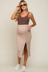 Taupe Ribbed Knit Front Slit Maternity Midi Skirt