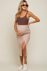 Taupe Ribbed Knit Front Slit Maternity Midi Skirt