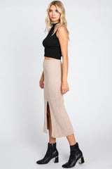 Taupe Ribbed Knit Front Slit Midi Skirt