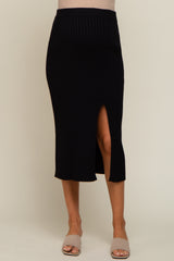 Black Ribbed Knit Front Slit Maternity Midi Skirt