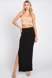 Black Ribbed Knit Front Slit Midi Skirt