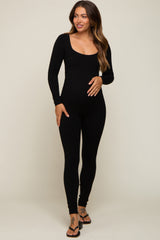 Black Ribbed Square Neck Long Sleeve Maternity Jumpsuit