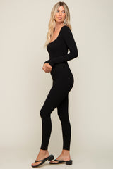 Black Ribbed Square Neck Long Sleeve Jumpsuit