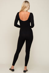 Black Ribbed Square Neck Long Sleeve Jumpsuit