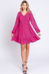 Fuchsia Dot Print Long Sleeve Ruffle Dress