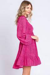 Fuchsia Dot Print Long Sleeve Ruffle Dress