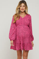 Fuchsia Dot Print Long Sleeve Ruffle Maternity Dress