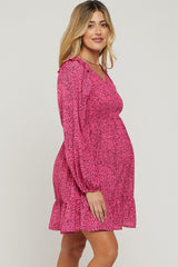 Fuchsia Dot Print Long Sleeve Ruffle Maternity Dress