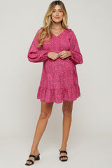 Fuchsia Dot Print Long Sleeve Ruffle Maternity Dress