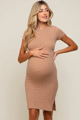 Mocha Ribbed Fitted Maternity Dress