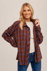 Purple Plaid Button Down Raw Edge Flannel Top