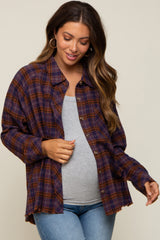 Purple Plaid Button Down Raw Edge Maternity Flannel Top