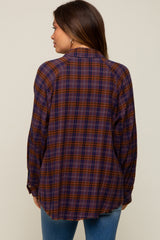 Purple Plaid Button Down Raw Edge Maternity Flannel Top