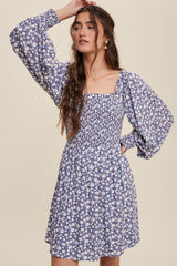 Denim Flower Print Smocked Square Neck Long Sleeve Dress