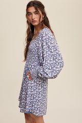 Denim Flower Print Smocked Square Neck Long Sleeve Dress