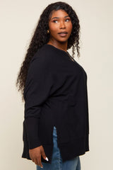 Black Dolman Sleeve Side Slit Plus Sweater