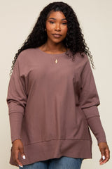 Mocha Dolman Sleeve Side Slit Maternity Plus Sweater