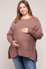 Mocha Dolman Sleeve Side Slit Maternity Plus Sweater