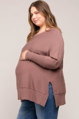 Mocha Dolman Sleeve Side Slit Maternity Plus Sweater