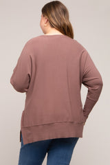 Mocha Dolman Sleeve Side Slit Maternity Plus Sweater