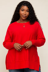 Red Dolman Sleeve Side Slit Plus Sweater