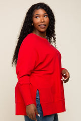 Red Dolman Sleeve Side Slit Plus Sweater