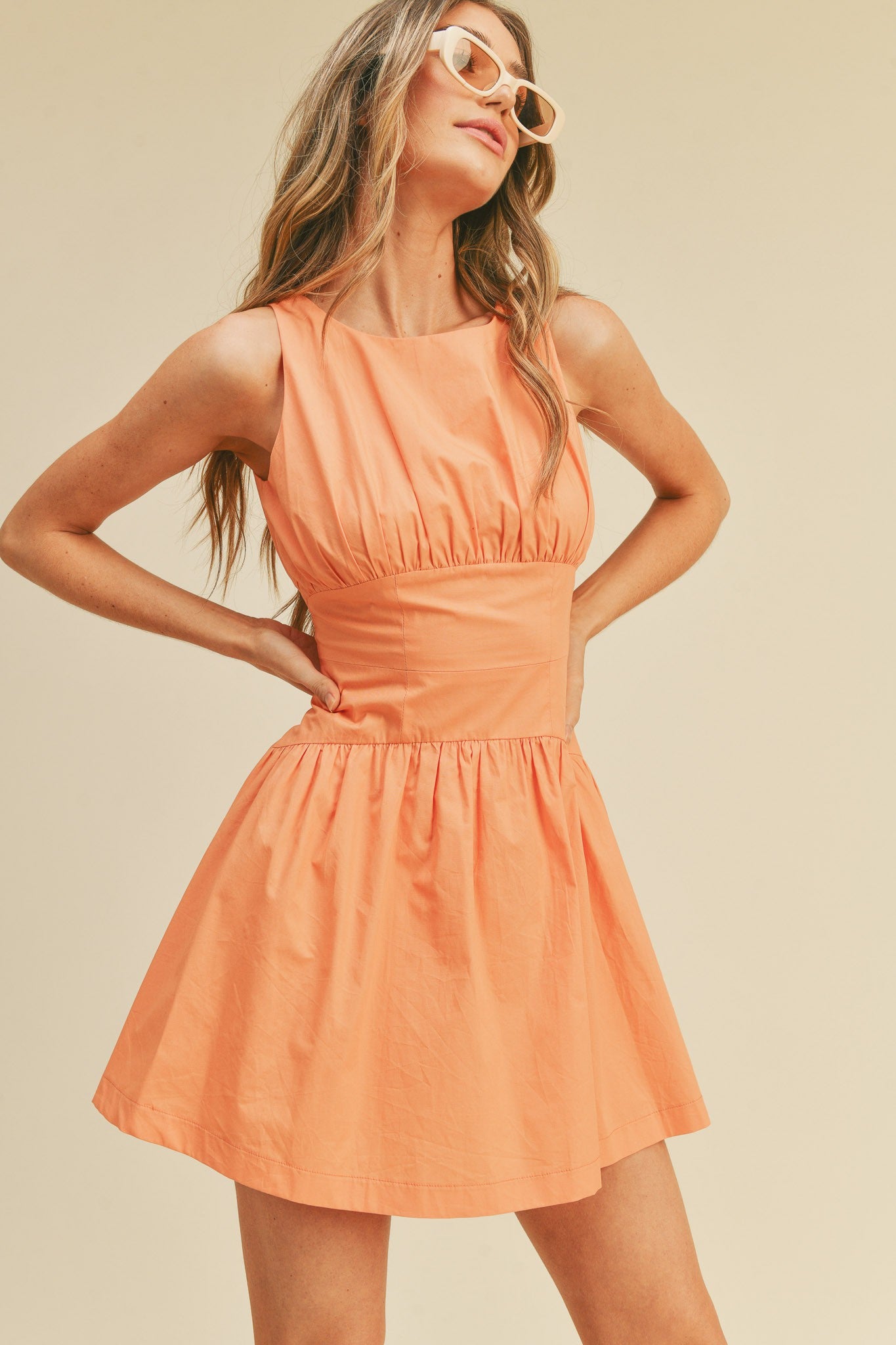 Orange Banded Waist Flared Mini Dress