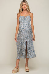 Light Blue Paisley Front Tie Maternity Midi Dress