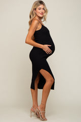 Black Ribbed Sleeveless Side Slit Maternity Midi Dress