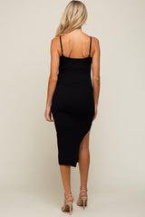 Black Ribbed Sleeveless Side Slit Maternity Midi Dress