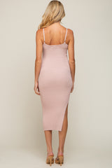 Light Pink Ribbed Sleeveless Side Slit Maternity Midi Dress