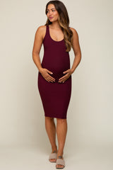 Burgundy Rib Knit Basic Sleeveless Maternity Dress