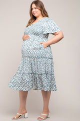 Blue Floral Tiered Maternity Plus Midi Dress