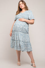 Blue Floral Tiered Maternity Plus Midi Dress