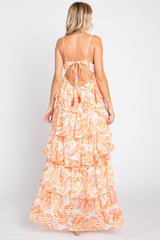 Ivory Floral Chiffon Open Back Tiered Maxi Dress