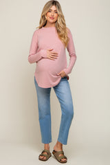 Light Pink Long Sleeve Curved Hem Maternity Top