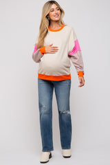 Beige Color Block Maternity Sweatshirt