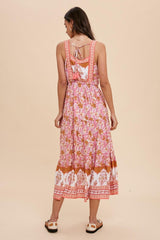 Pink Multi Floral Border Print Tiered Midi Dress