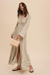 Beige Floral Lace Accent Side Slit Maxi Dress