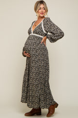 Black Floral Lace Accent Side Slit Maternity Maxi Dress