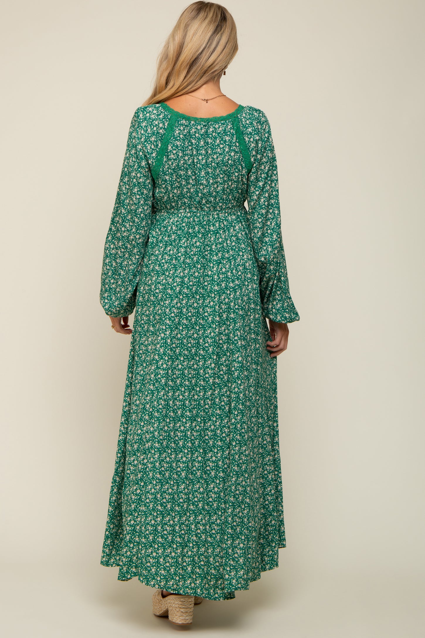 Green Floral Lace Accent Side Slit Maternity Maxi Dress