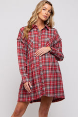 Burgundy Plaid Button Front Long Sleeve Maternity Dress