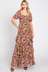 Brown Floral Smocked Square Neck Ruffle Layered Maternity Maxi Dress