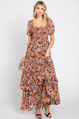 Brown Floral Smocked Square Neck Ruffle Layered Maxi Dress