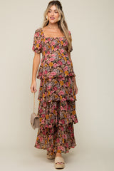 Brown Floral Smocked Square Neck Ruffle Layered Maternity Maxi Dress